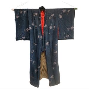 Japanese Blue Floral Striped Meisen Lined Silk Kimono Handmade
